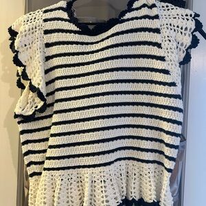 Rails Black and White Striped Crochet Blouse